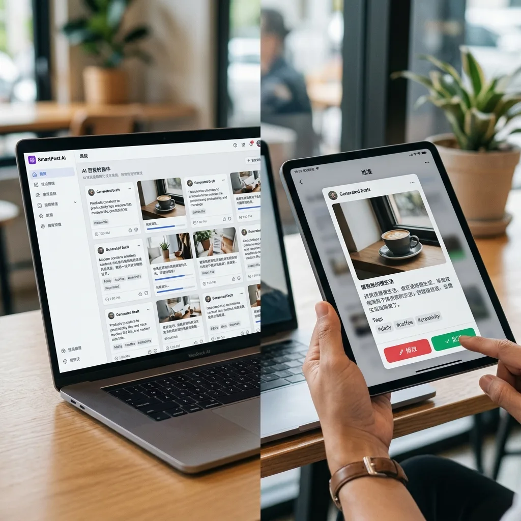 Illustration contrasting AI content production with human strategic decisions
