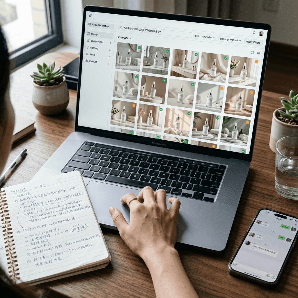 An AI content generation tool displaying a grid of product lifestyle images for batch selection