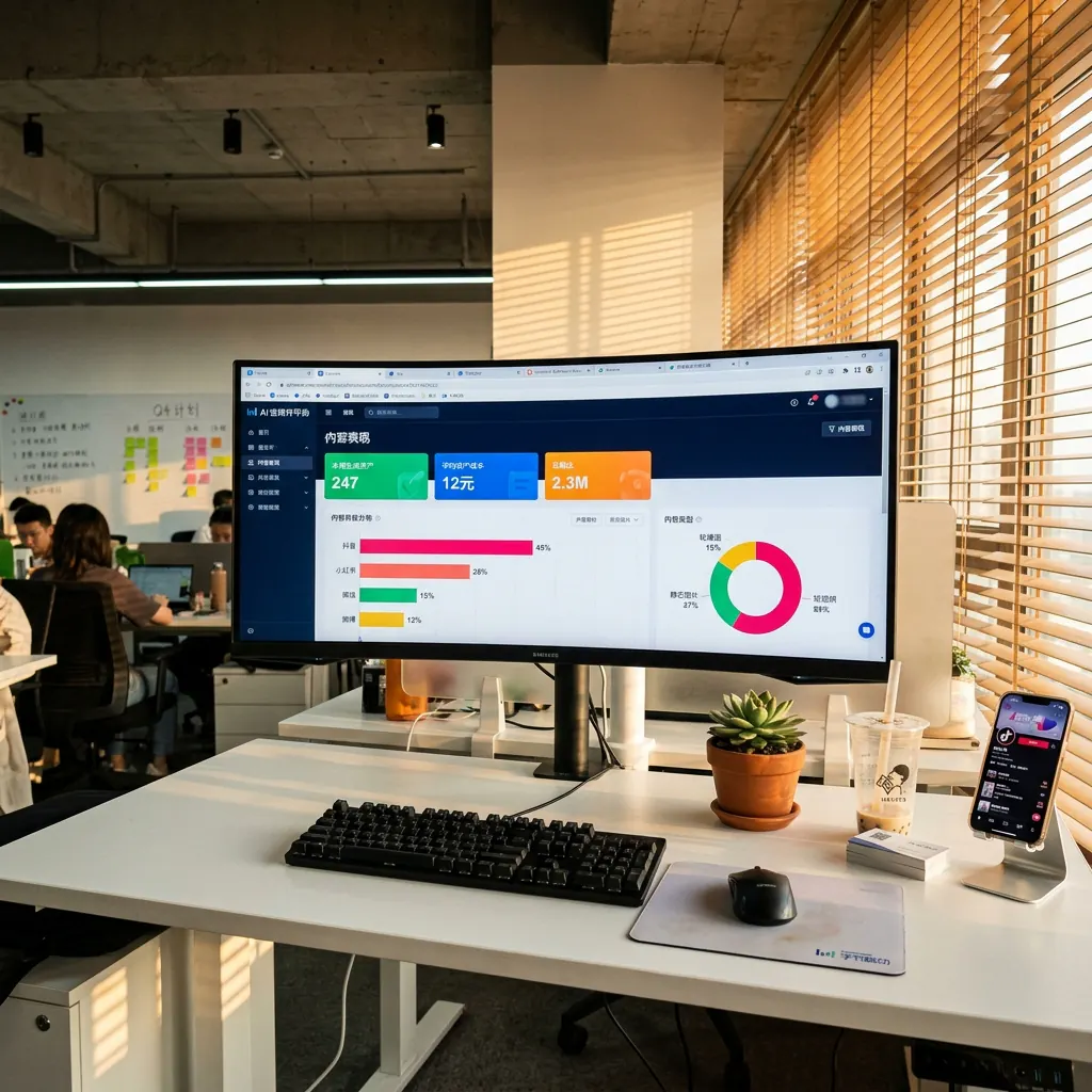 Un tableau de bord de plateforme de contenu IA présentant les ressources générées, le coût par élément et la ventilation par plateforme