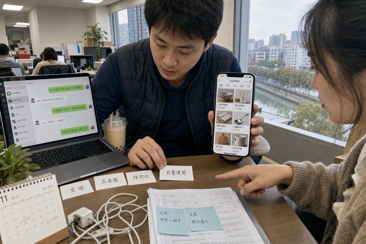 Ein Marketingmitarbeiter ordnet handbeschriebene Karten in einem Büro in Suzhou. Das Smartphone in seiner Hand zeigt einen Mini-Program-Shop in WeChat.