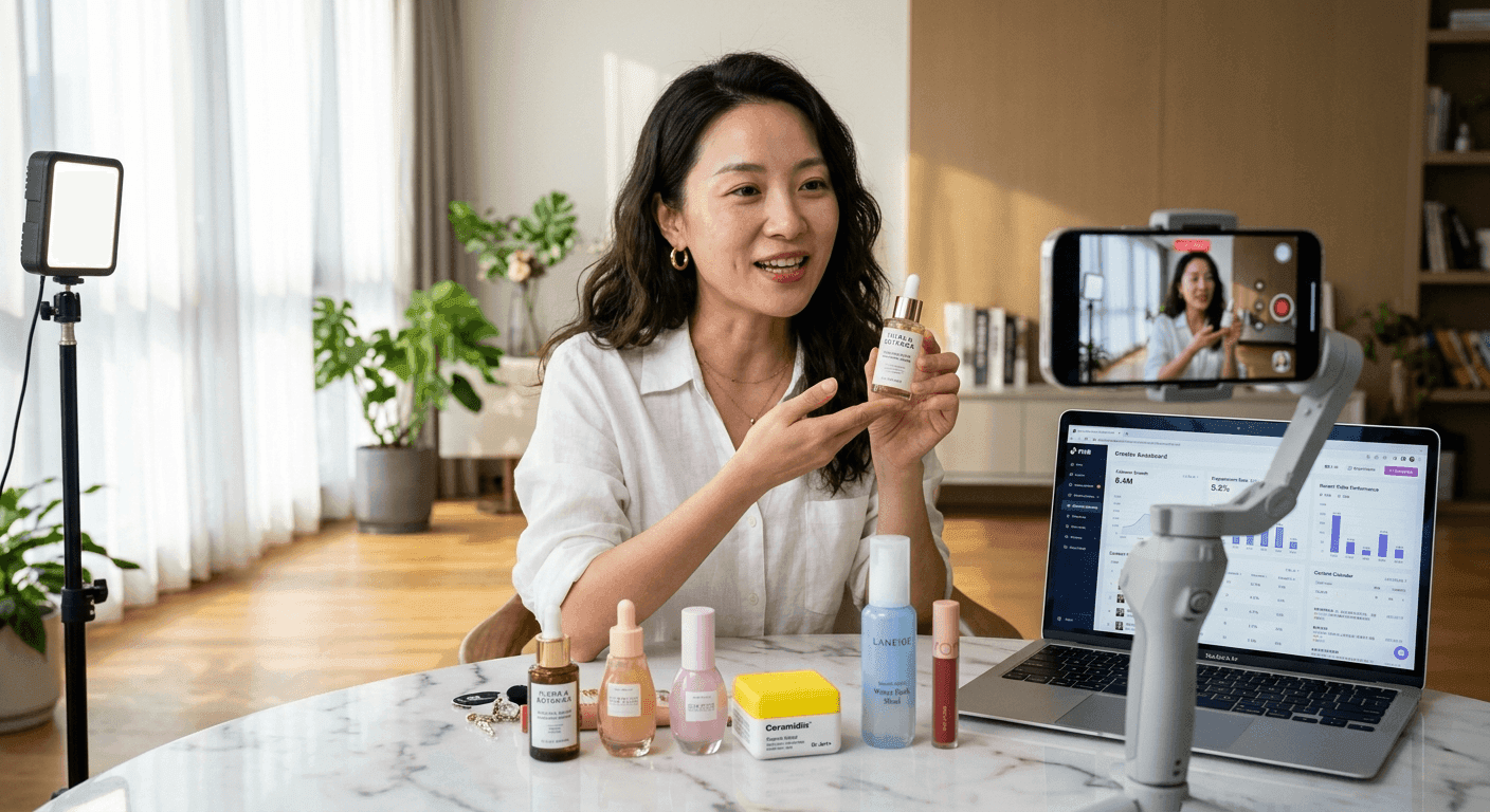 A Douyin KOL filming a product review in her apartment