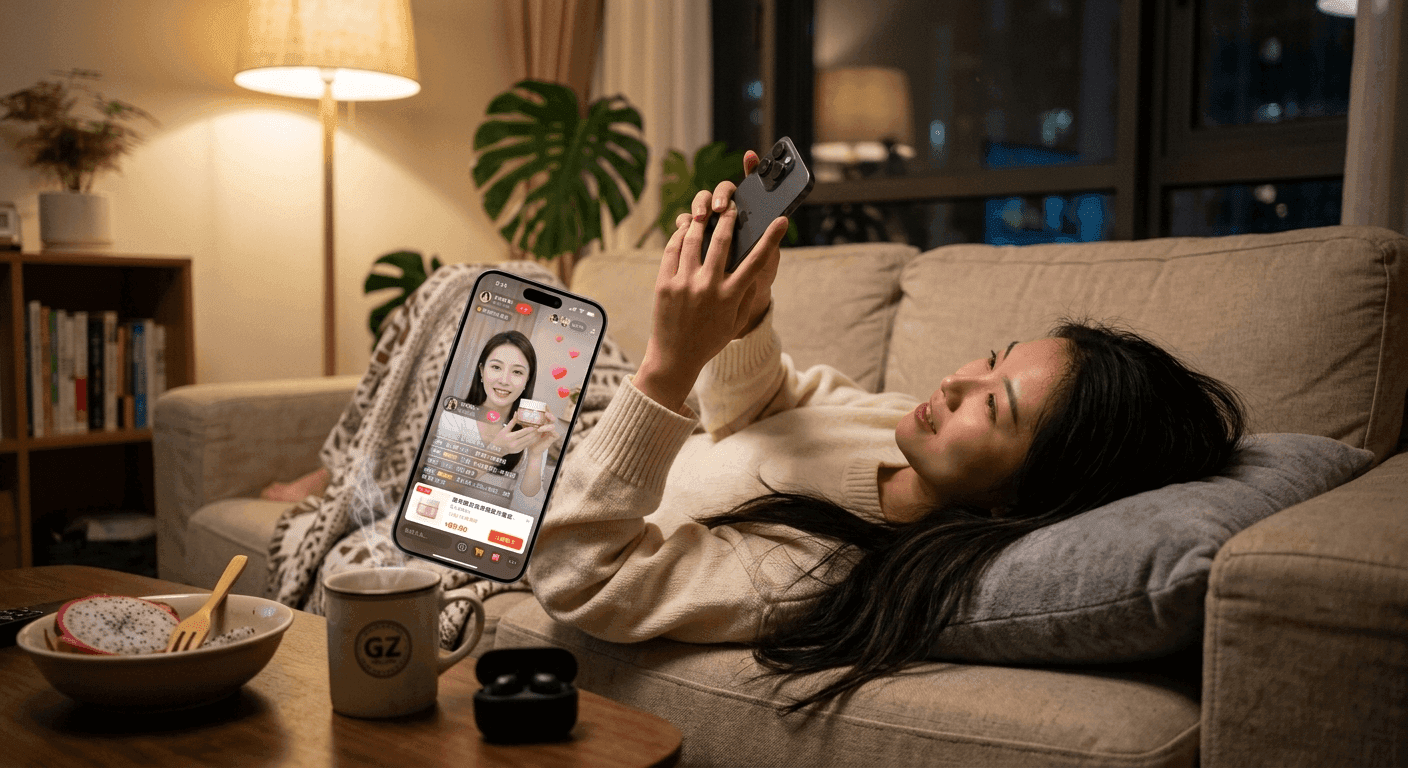 A consumer watching a Douyin livestream shopping session on her phone