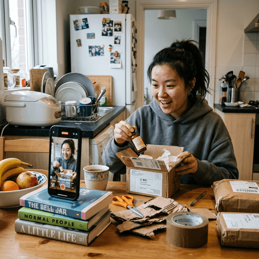 A KOC filming a casual product unboxing at her kitchen table with just a phone propped on books