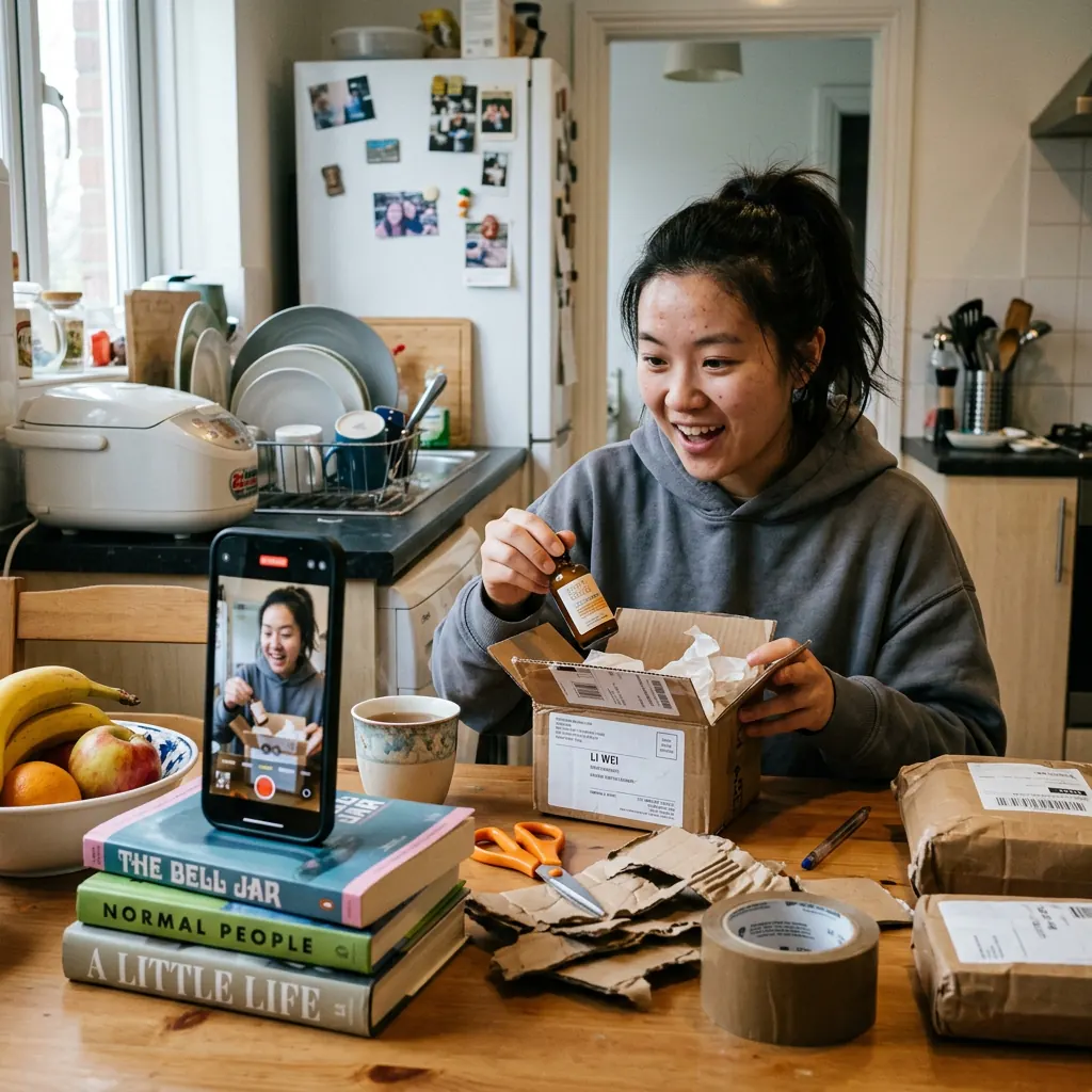 Une KOC filmant un déballage de produit décontracté dans sa cuisine, téléphone posé sur des livres