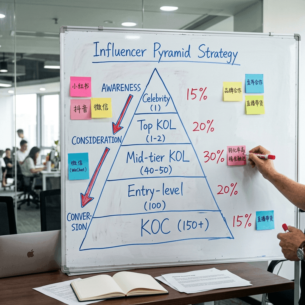A whiteboard showing the influencer pyramid strategy with KOL and KOC tiers and budget allocation