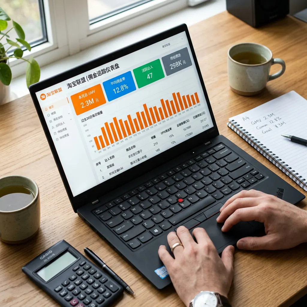 Un tableau de bord de suivi des commissions montrant le volume de ventes, les taux CPS et les performances des influenceurs