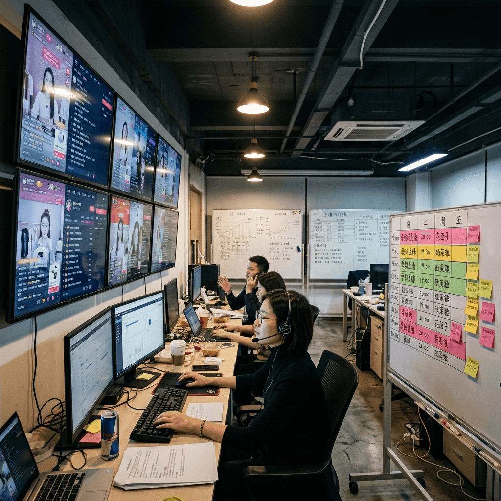 Inside an MCN office with multiple screens showing active livestreams and a coordinator managing schedules