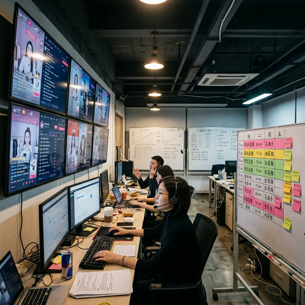 L’intérieur d’un bureau de MCN avec plusieurs écrans montrant des directs actifs et un coordinateur gérant les plannings