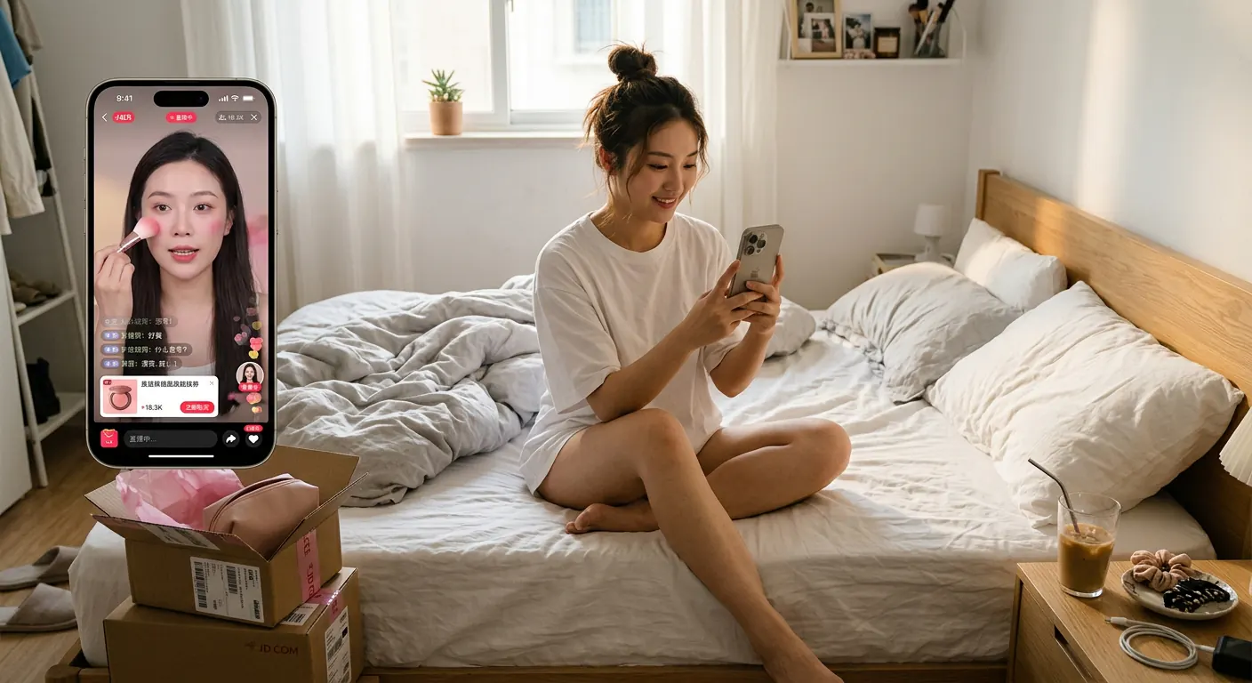 Une jeune femme découvrant des produits de beauté lors d’un direct RedNote, installée sur son lit