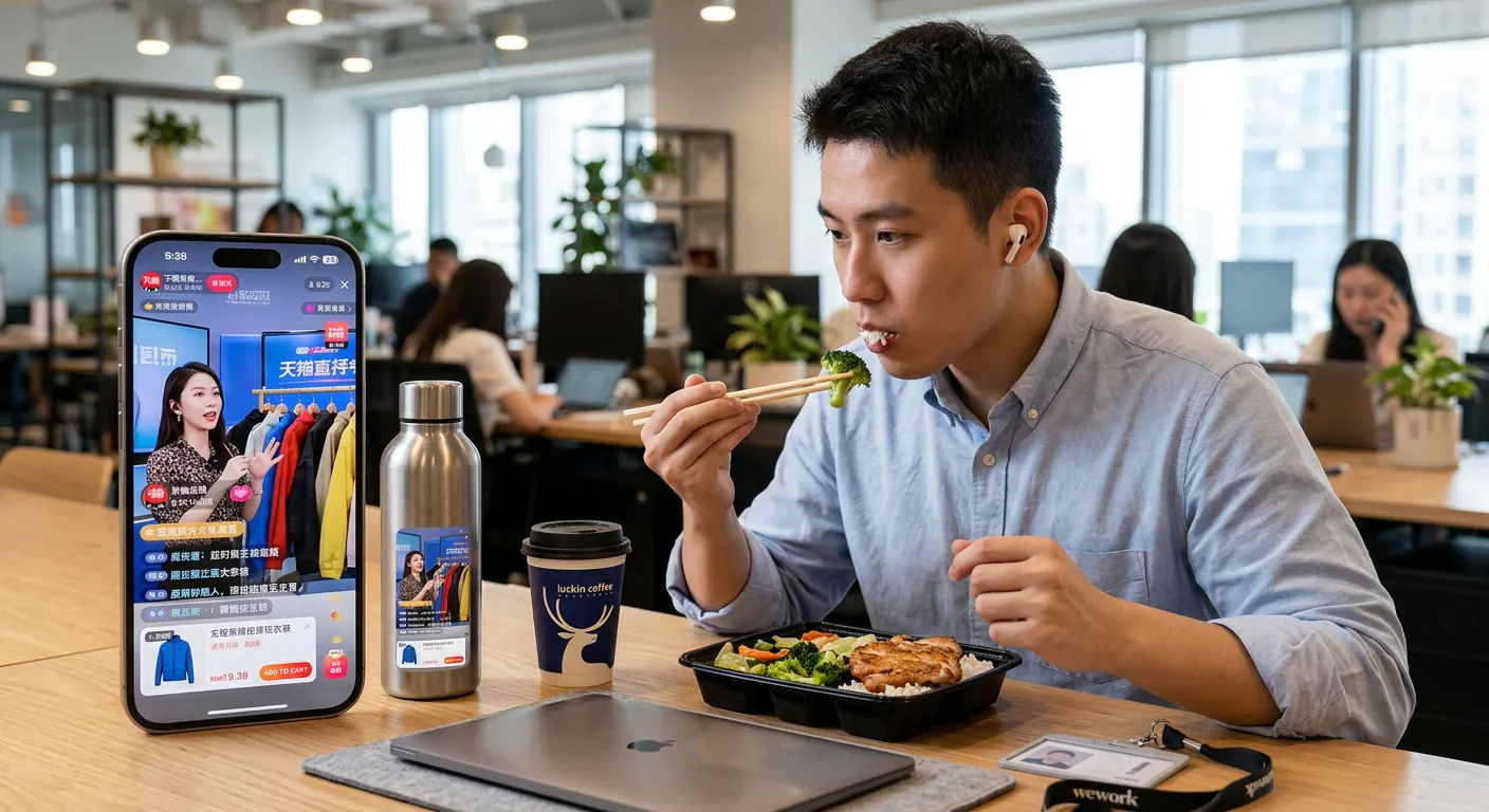 Une employée de bureau regardant une session de vente Tmall Live pendant sa pause déjeuner