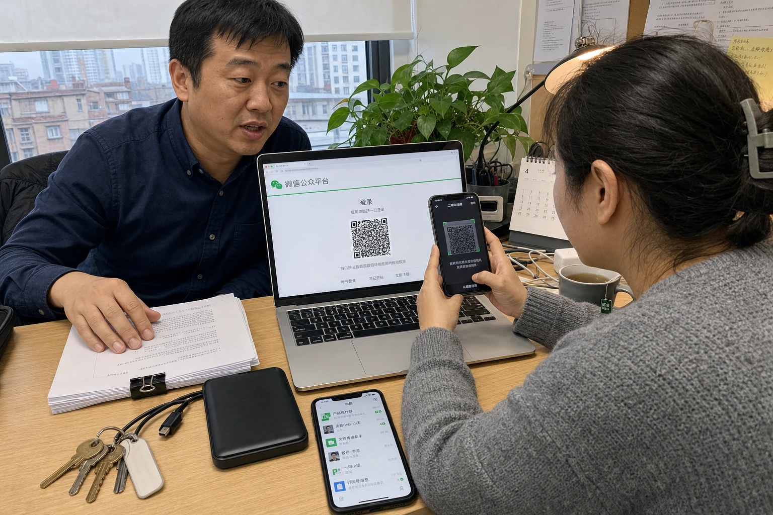 Eine Frau scannt in einem Büro in Qingdao einen WeChat-Anmeldecode. Auf dem Tisch liegen Schlüssel und eine Festplatte.