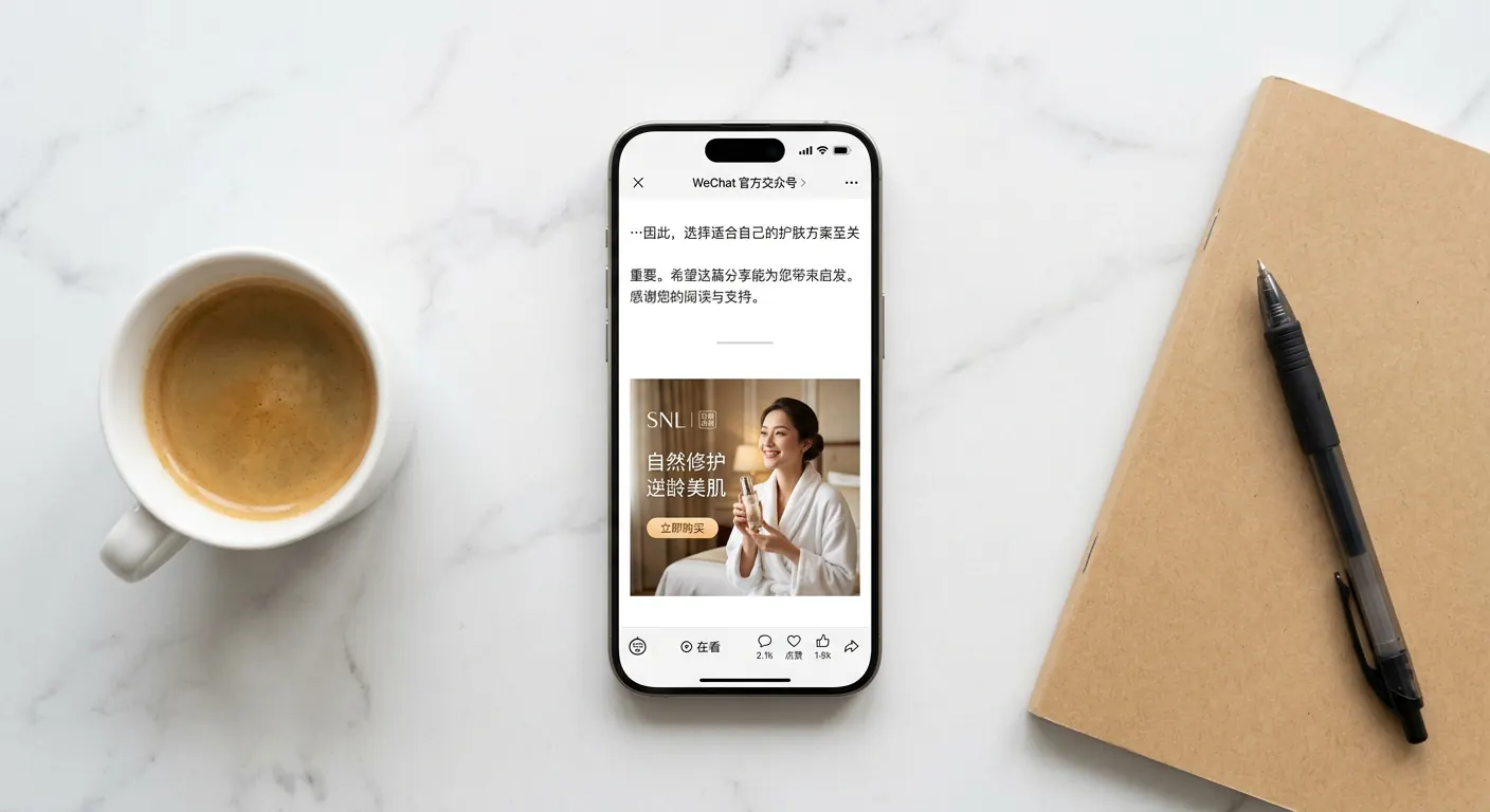 Un article de compte officiel WeChat avec une bannière publicitaire en bas de page