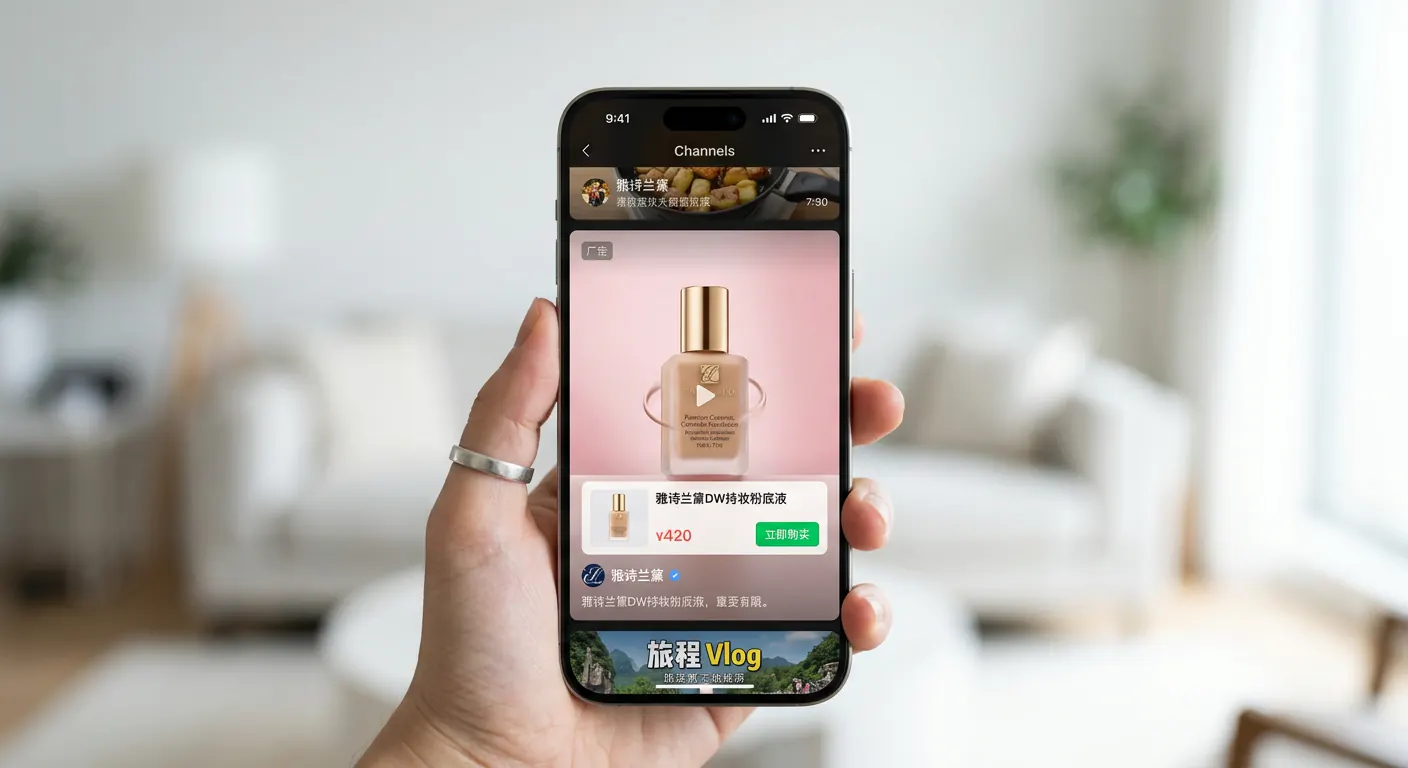 Une publicité vidéo WeChat Channels insérée dans le fil entre des contenus de créateurs