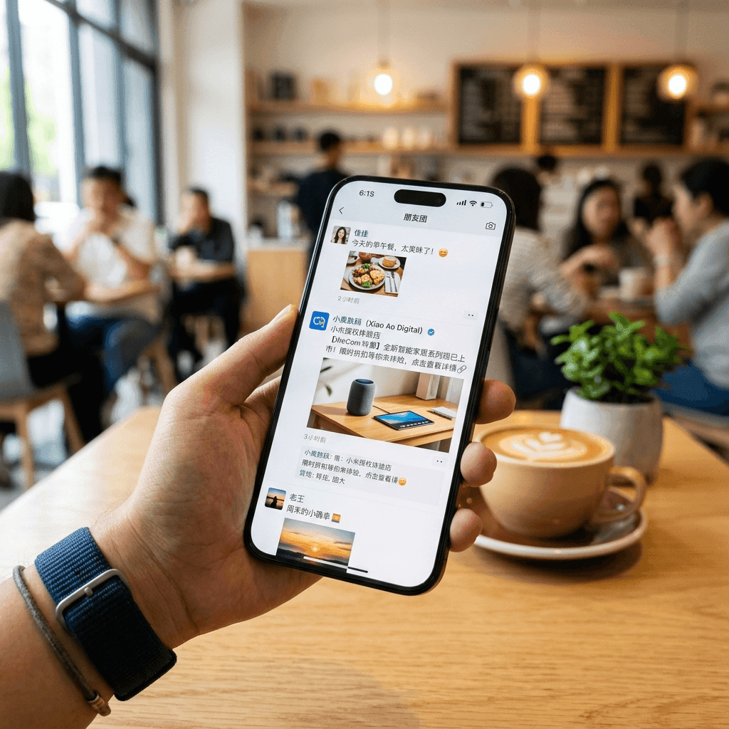 A WeCom brand post appearing naturally in a customer's WeChat Moments feed