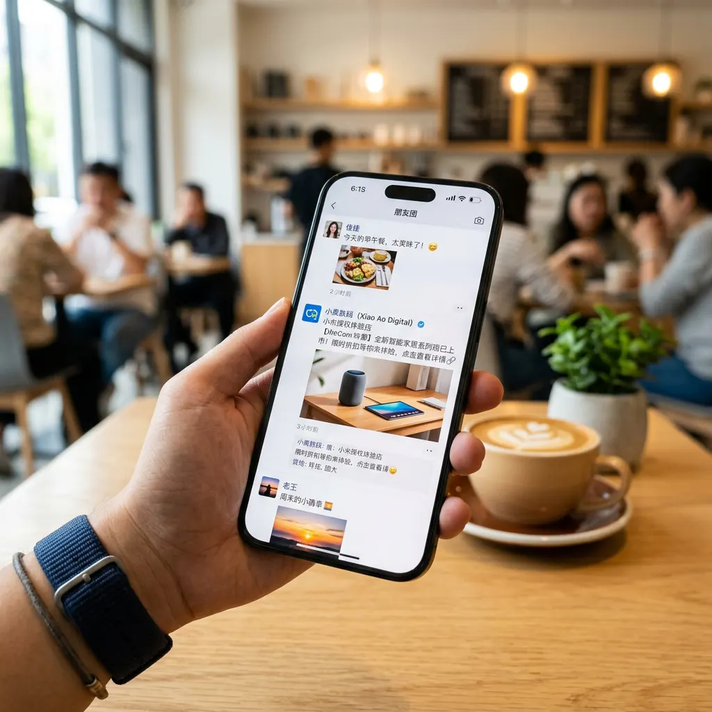 Une publication de marque WeCom apparaissant naturellement dans le fil Moments WeChat d’un client