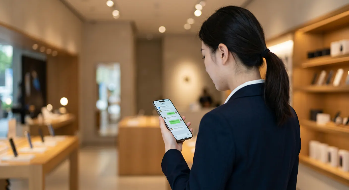 Un commercial utilisant WeCom pour envoyer un message à un client depuis un point de vente