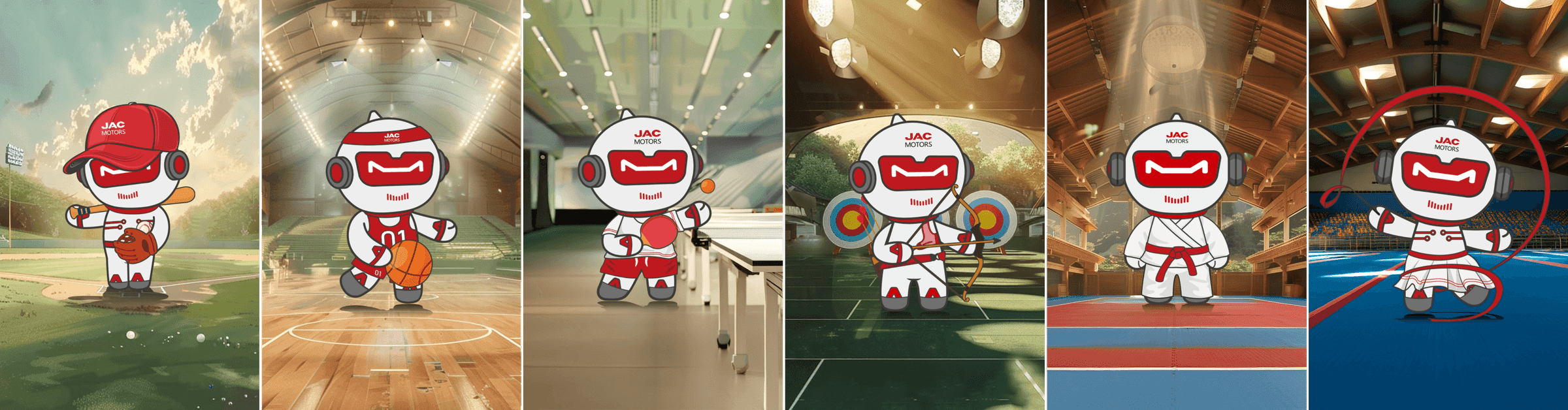 JAC J-Bot mascot in six Olympic-themed versions created with AI