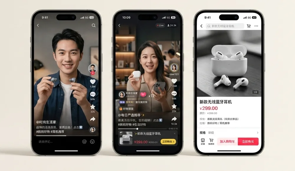 Three phones showing the three sides of Douyin: the video feed, a livestream selling session, and a Douyin Shop product page