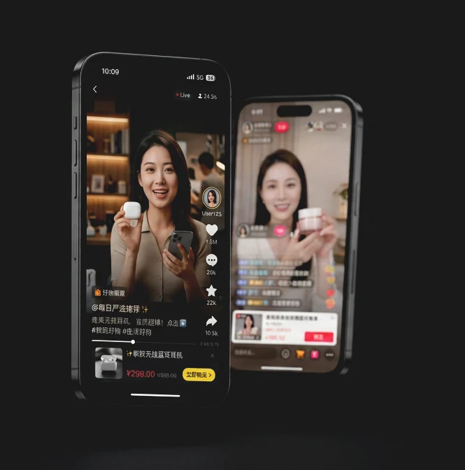 Two phones showing real Douyin screens: a vertical short-video feed with a product card, and a livestream selling session