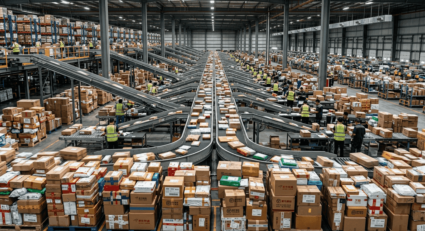 E-commerce packages being sorted in a Chinese logistics center