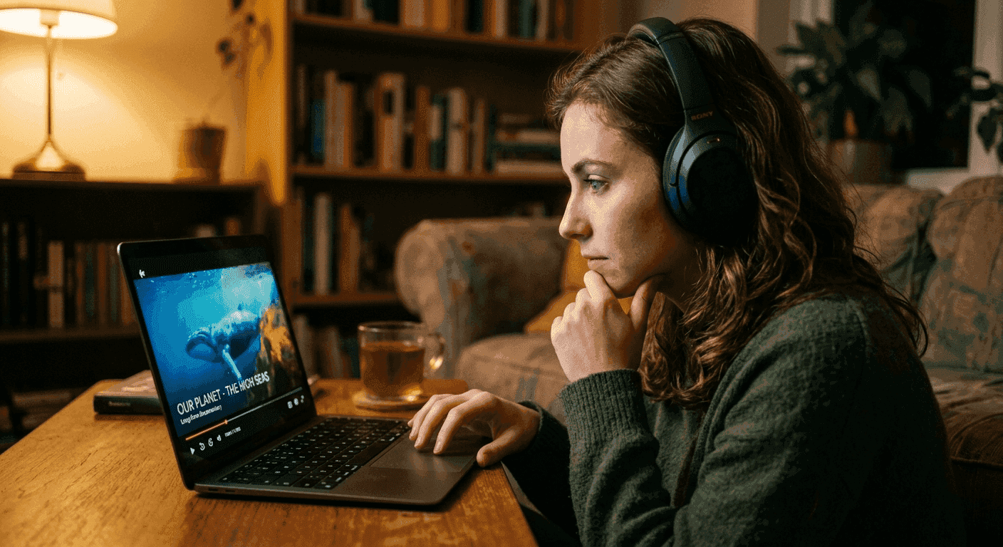 Person watching long-form video content with full attention