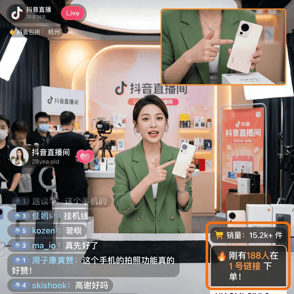 Host presenting products on camera during a Douyin livestream selling session