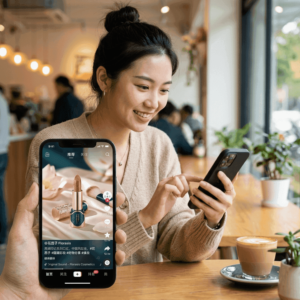 Person discovering brand content through Douyin algorithm feed
