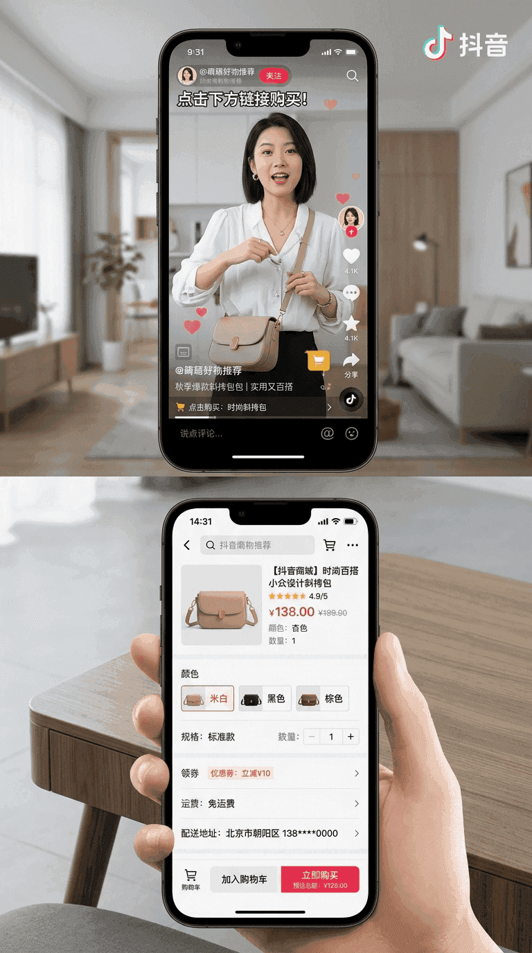 Douyin video to checkout shopping flow on smartphone