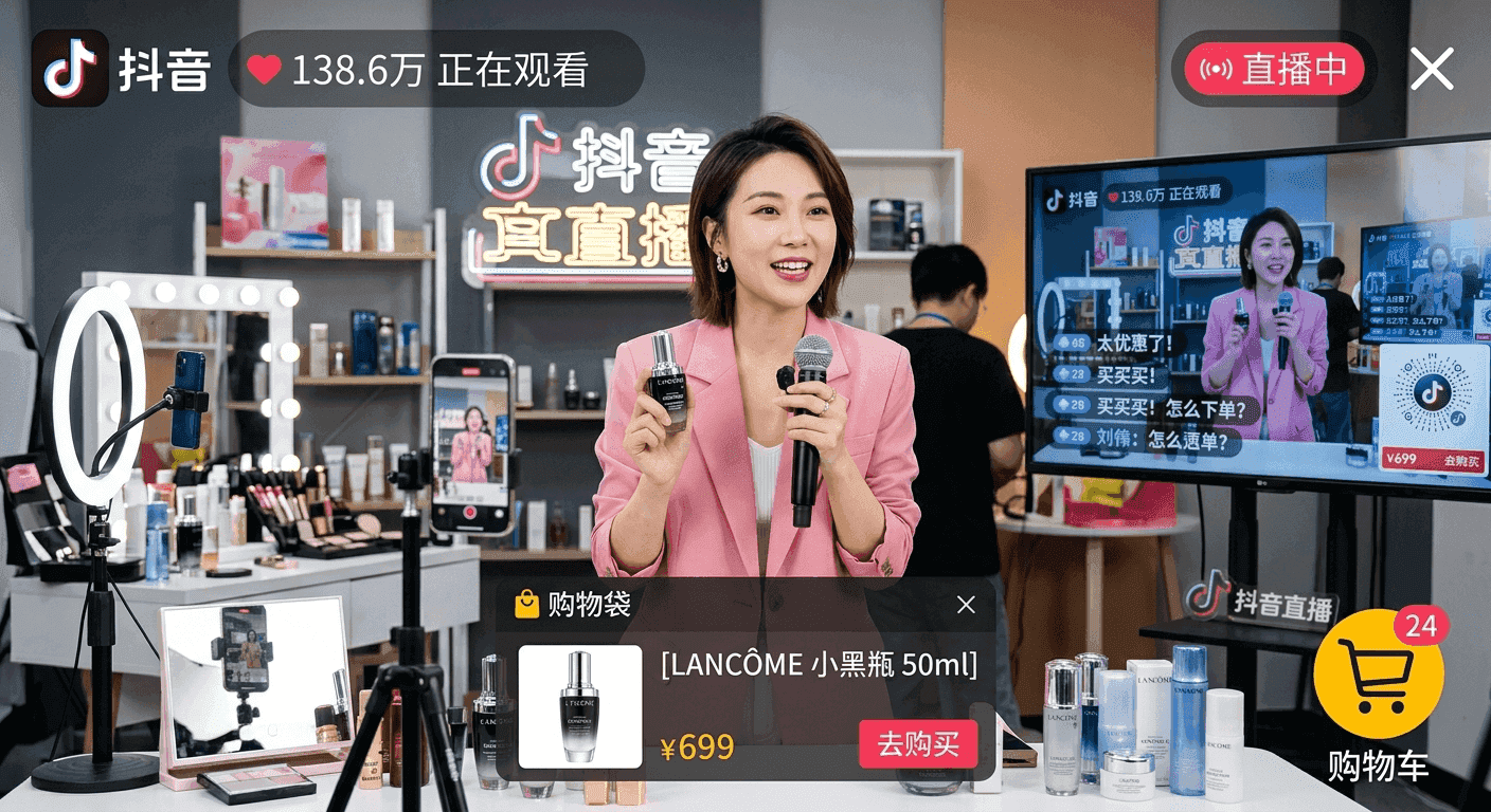 Live commerce session on Douyin with viewers and shopping cart