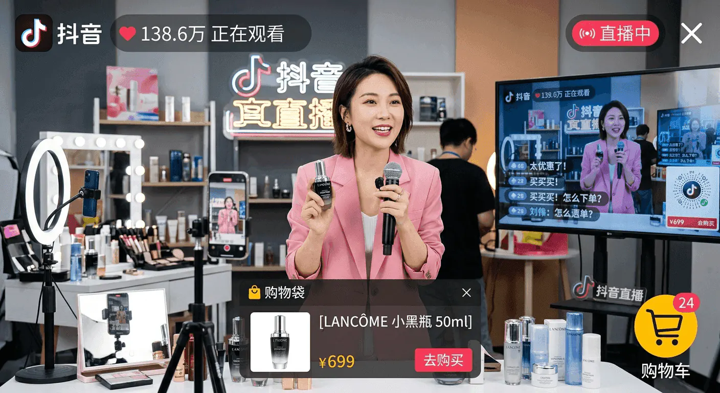 Live commerce session on Douyin with viewers and shopping cart
