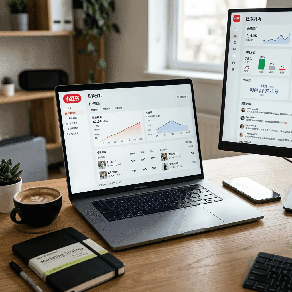 Laptop dashboard showing RedNote follower growth, engagement, and search ranking analytics