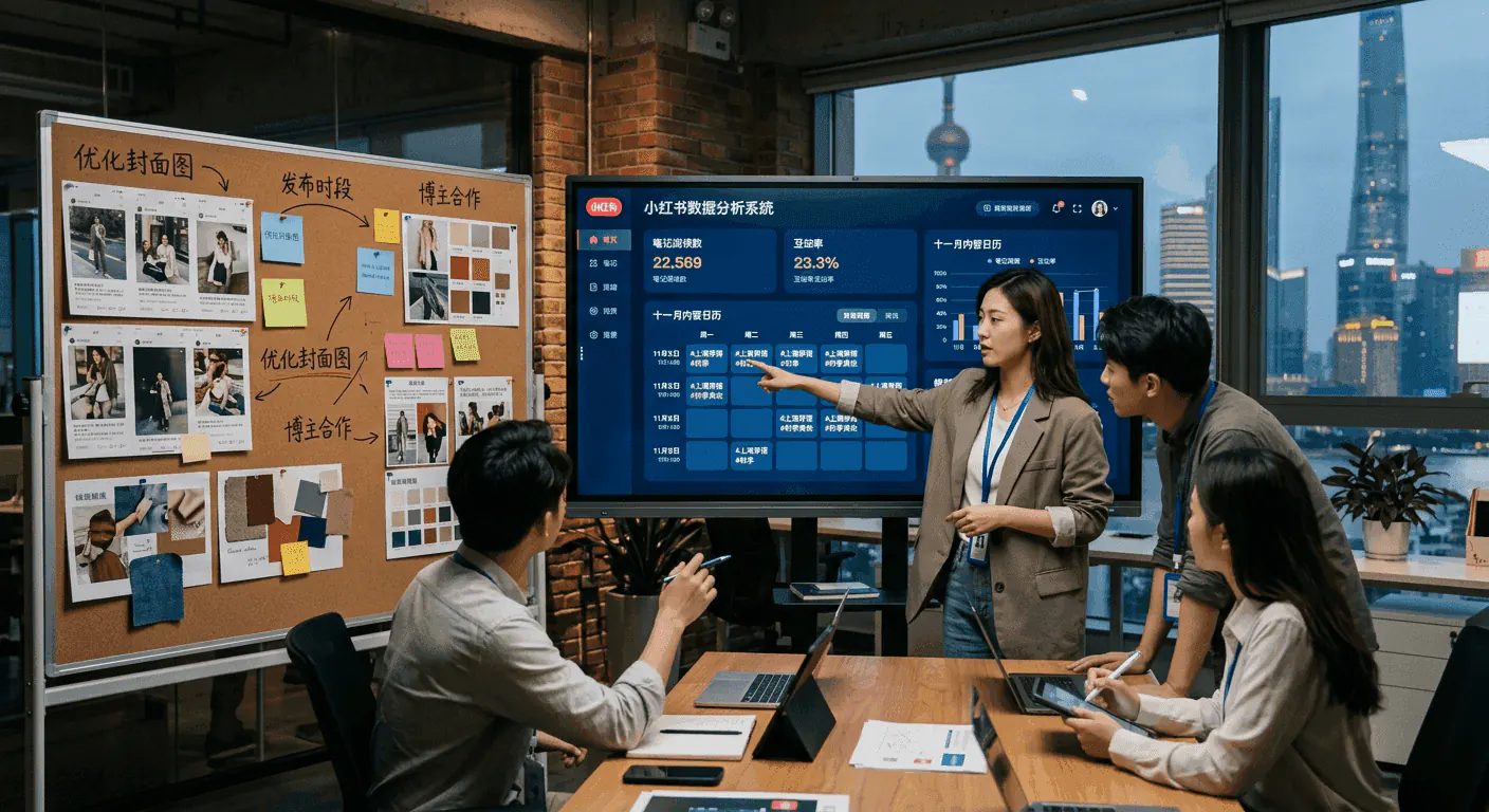 Editorial desk with a phone showing a RedNote note being drafted in Mandarin