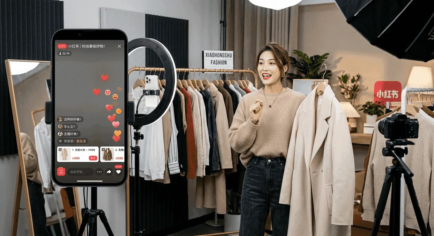 Phone showing a RedNote live commerce session next to an in-app product store