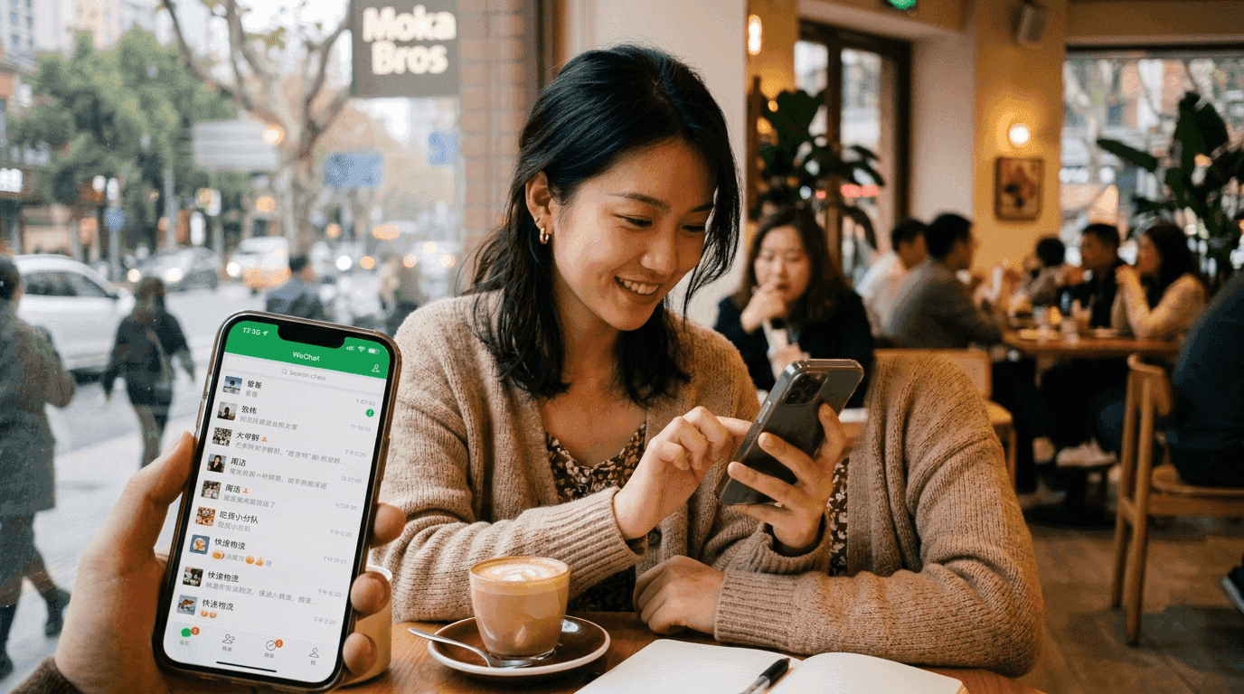 Person scrolling through WeChat followers on their phone