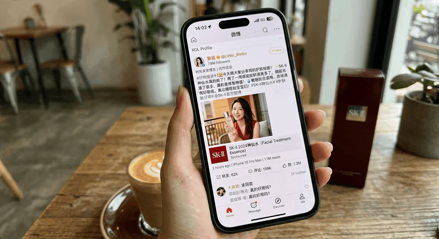 Phone showing a verified Weibo corporate profile with a Blue V badge, next to business registration documents