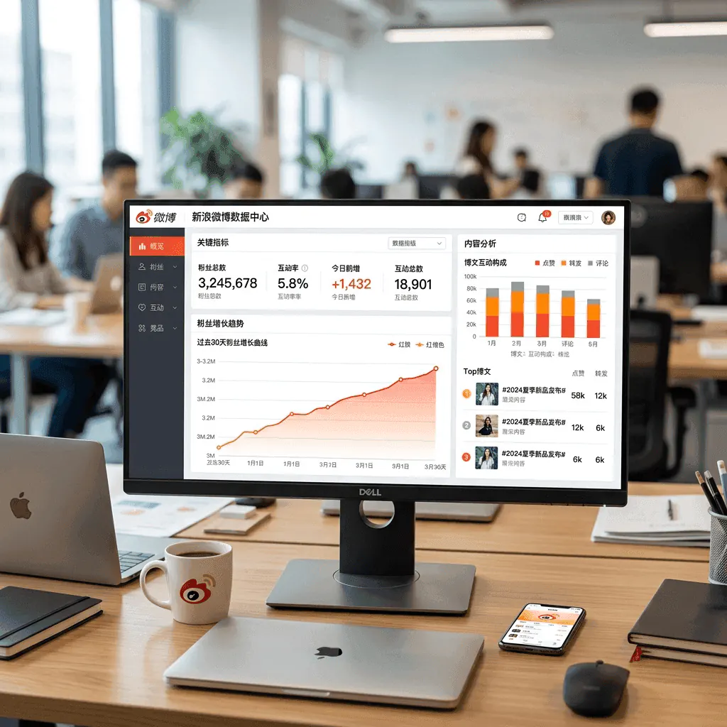 Laptop showing a Weibo performance dashboard with follower growth and engagement charts