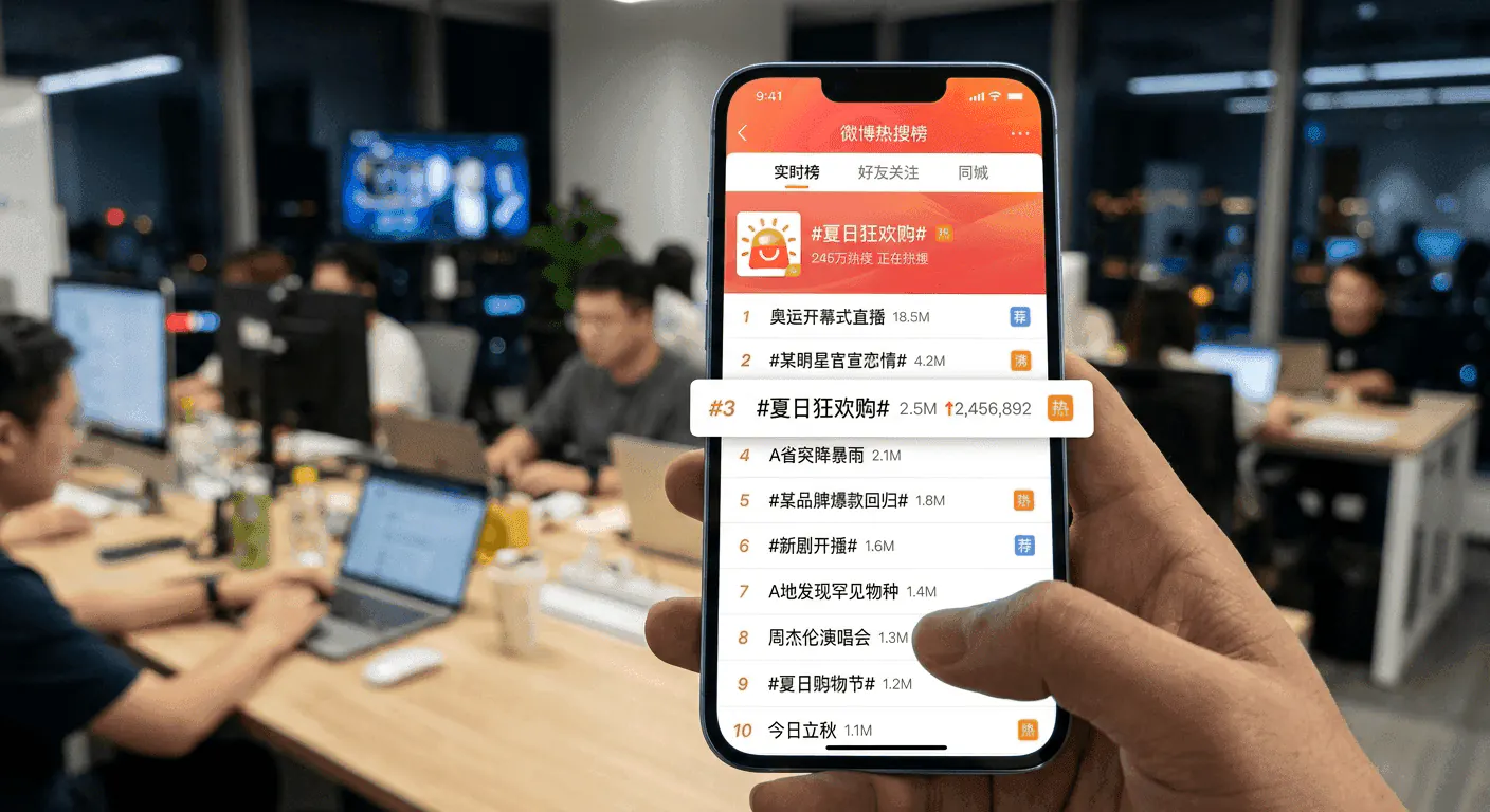 Hand holding a phone showing a sponsored brand post inside the Weibo public feed