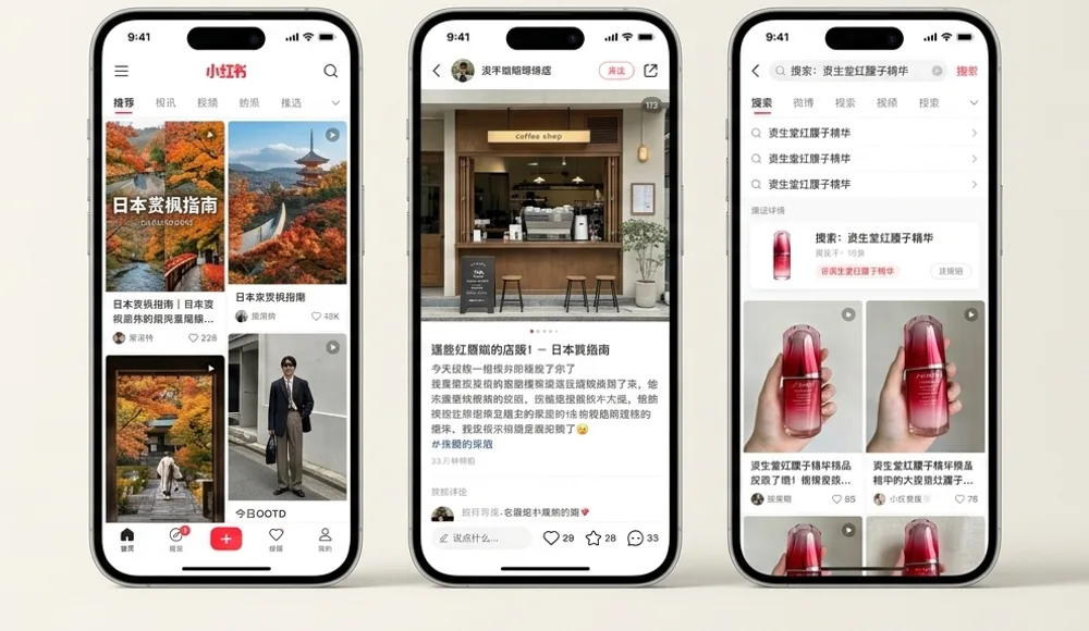 Three phones showing the RedNote journey: the discovery grid, a product review note, and search results