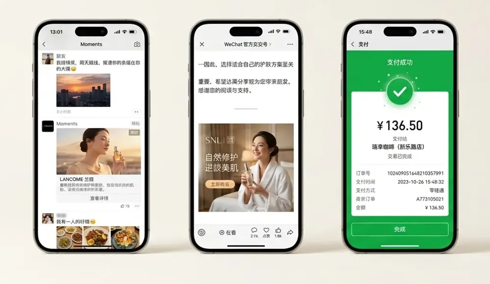 Three phones side by side showing the three sides of WeChat: the Moments feed, an Official Account article, and a WeChat Pay payment success screen