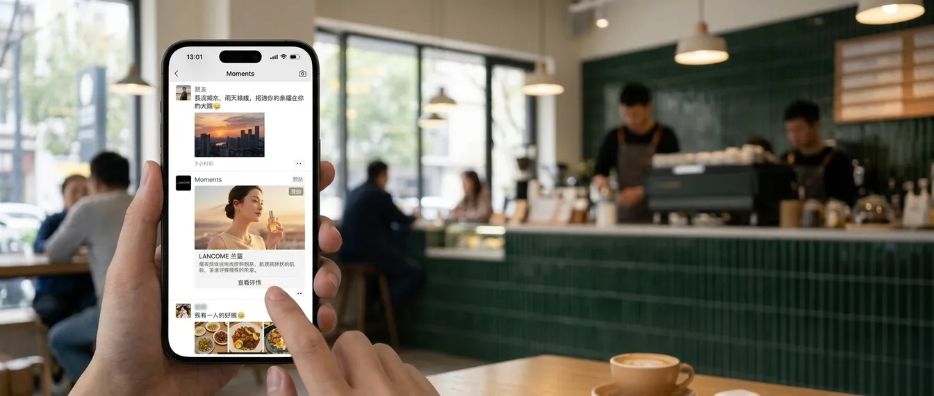 Hand holding a phone in a cafe, showing a sponsored brand ad inside the WeChat Moments feed
