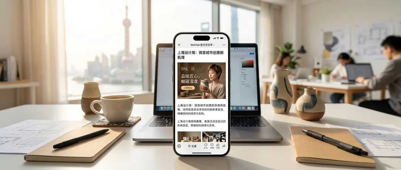 Editorial desk with a phone showing a branded WeChat Official Account article being scrolled