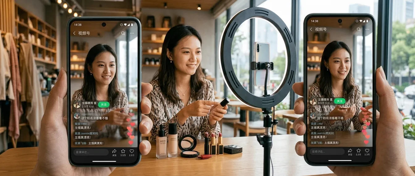 Content creator filming a product video, with a phone showing a WeChat Channels live stream