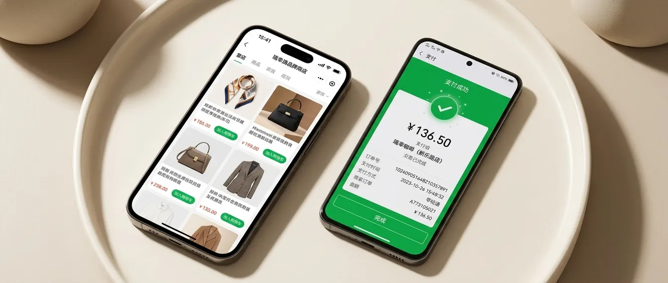 Two phones side by side showing a WeChat Mini Program storefront and a WeChat Pay payment success screen