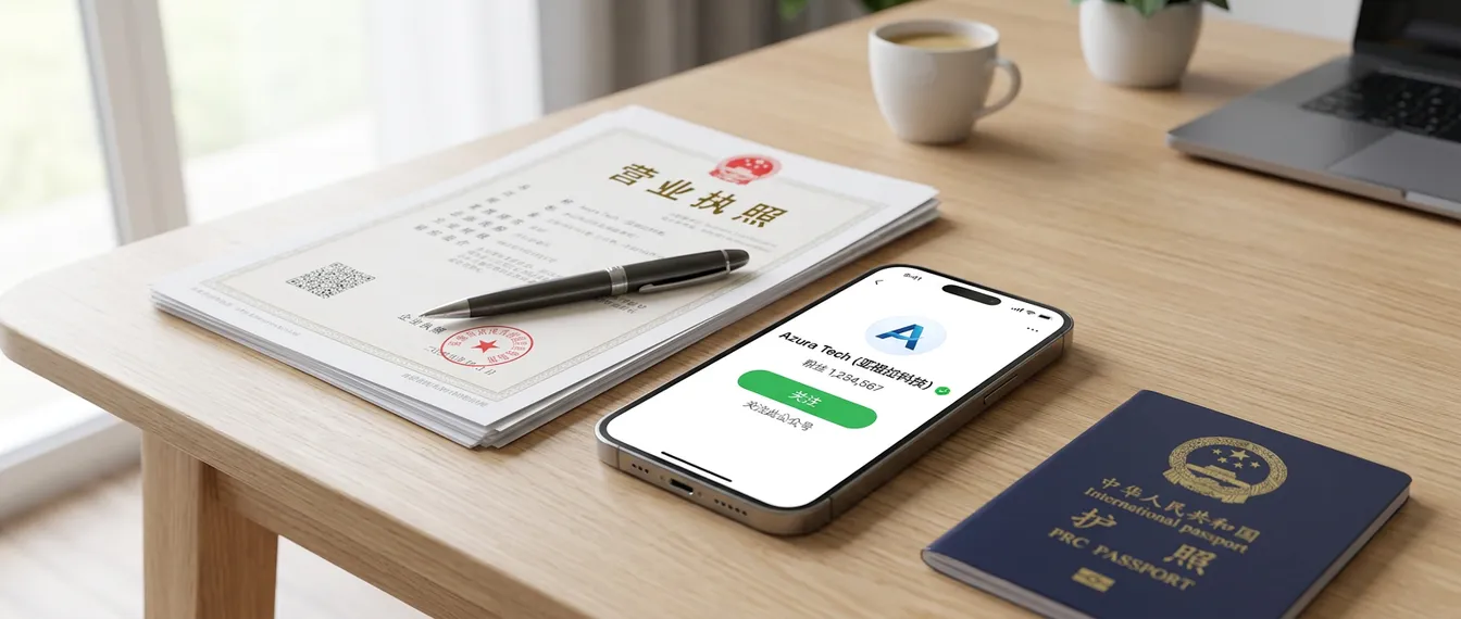 Phone on a desk next to business registration documents, showing a verified WeChat Official Account brand profile