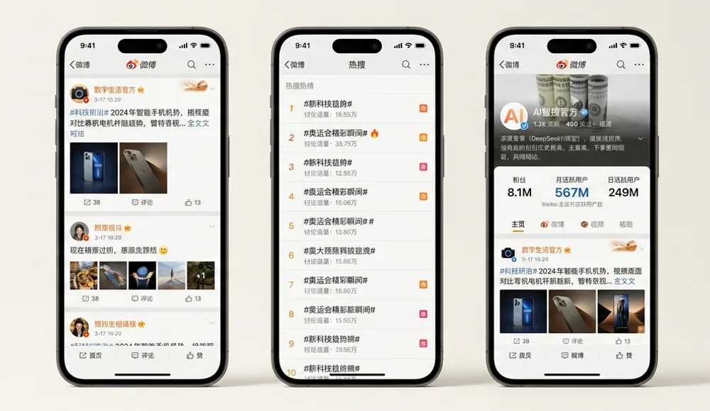 Three phones showing the three sides of Weibo: the public feed, the Hot Search list, and a verified brand profile