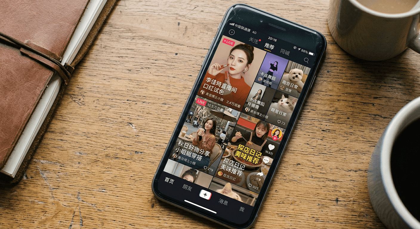 Phone showing Douyin KOL video feed with Chinese influencer content